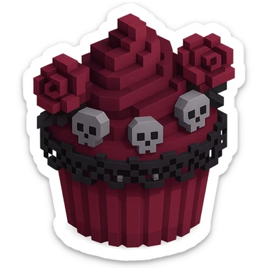 Gothic cupcake in voxel style, burgundy color, with gothic decorations such as black lace, tiny skulls, and dark roses, no background sticker