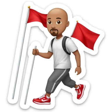 Bald black man with a white goatee in sneakers carrying a red flag sticker