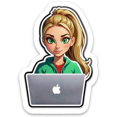 Blonde woman ponytail green eyes with cat and MacBook sticker