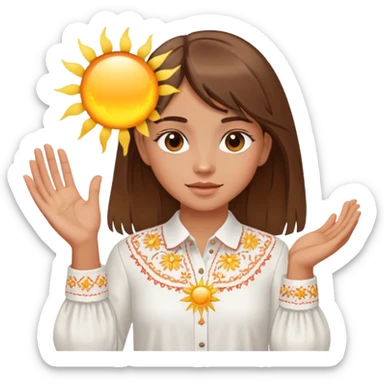A young Ukrainian girl with brown hair wearing a white embroidered shirt holds the sun in her hands sticker