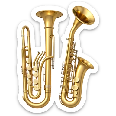 Create a simple and symbolic emoji collage representing wind instruments. Include a variety of iconic elements like the bell of a trumpet, the mouthpiece of a saxophone, and a subtle outline of a trombone. Arrange the elements in a dynamic and balanced way. Use warm metallic tones like gold, brass, and silver for the instruments, with a clean and minimalist design. The background should be transparent, focusing on the shapes and silhouettes of the instruments to convey their essence without excessive detail. sticker