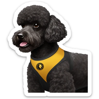 A black miniature poodle with a shaved face and a black collar with gold Versace emblems on it wearing an Arizona state #4 football jersey  sticker