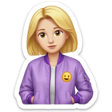 Generate an image of a golden hair women wearing lilac bomber jacket. Make in the style of emoji. sticker