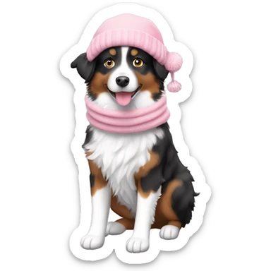 Mini Australian Shepherd with light pink snow gear including a scarf and a hat, and the mini Australian Shepherd should be black and white sticker