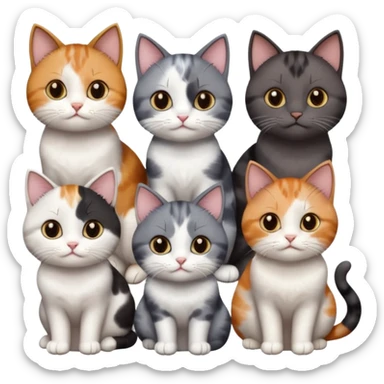 5 different coloured short haired cats including; a dark brown and white cat, and a dark grey and white, and a calico sticker