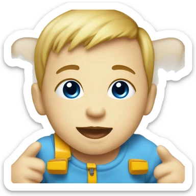 Baby with blue eyes playing with a toy bus sticker