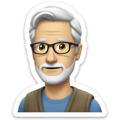 Middle aged white man with glasses, short dark hair, well groomed beard, and a grey beard sticker