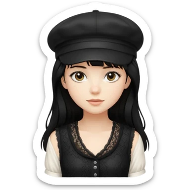pinterst girl with heavy bang, black long hair and black color newsboy cap on her hat, wearing black color lace sleeveless  sticker