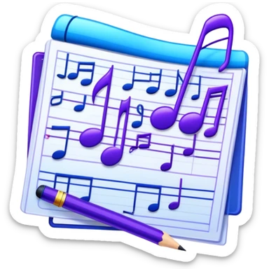 Emoji that represents music track writing. The design should feature a music composition sheet with musical notes and lyrics, a digital audio workstation (DAW) interface or soundwaves, and a pencil or pen to symbolize the writing process. Add a touch of technology with subtle elements like sound mixing sliders or waveform graphics. Use a blend of vibrant and inspiring colors, such as electric blue or neon purple, to evoke a sense of creativity and innovation. The background should be transparent. sticker