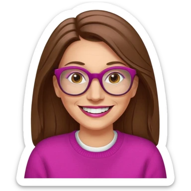 50 yr Caucasian woman, long brown hair parted on side, brown eyes, glasses, big smile, white teeth, fuscia sweater sticker