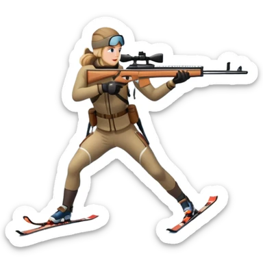 An icon showing a snowy landscape with pine trees, mountains, and a clear sky with a biathlete aiming a rifle in the foreground, wearing winter gear and skis. Transparent background emphasizes the precision, endurance, and beauty of this winter sport. sticker