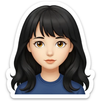 A girl with long, wavy black hair with bangs and medium-sized hazel eyes sticker