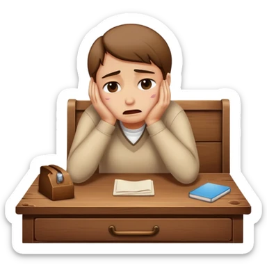 person sitting at a vintage wooden desk crying sticker