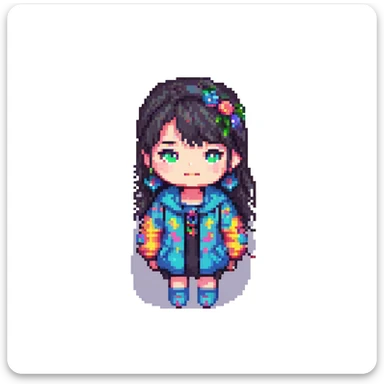 pixel art of a 17-year-old Korean girl, simple and expressive, vibrant colors, small sprite sticker