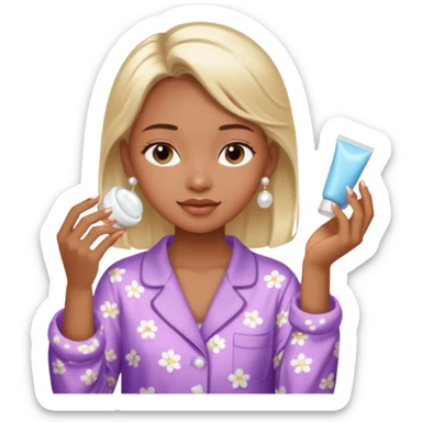 Clean girl aesthetic emoticons, apply skincare products, pearl earrings, glowing skin, pajamas, soft lighting sticker