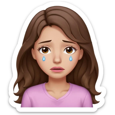 girl with wavy long brown hair, brown eyes, light to medium complexion, long lashes, light pink lipstick, wearing light pink shirt, weeping big big tears sticker
