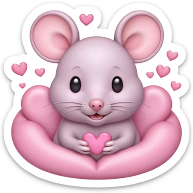 pastel cream cartoon mouse with large, round, pink-lined ears. The mouse has heart eyes, a small open mouth, and is surrounded by floating pink hearts, conveying a feeling of love, adoration, or strong affection. sticker