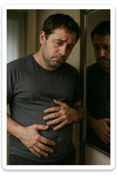 uomo che si guarda allo specchio triste mentre si tocca la pancia, pensieroso, iperrealistico 4k sticker