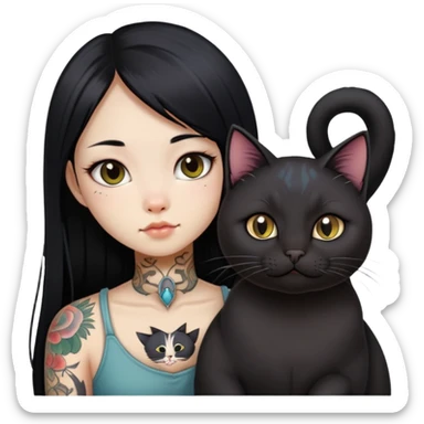 a Chinese girl with long black  straight hair and tattoos and a black round faced cat sticker