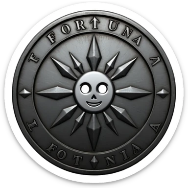 Minimal emoji, gothic metal coin made of black steel, engraved word FORTUNA at the center, ancient industrial aesthetic, worn metal texture, no glow, no neon, flat emoji design, centered, transparent background sticker