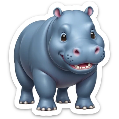 cinematic-hippo-realistic-full-body-side-view-standing-on-all-fours-emoji,-massive-round-frame,-wide-mouthed-grin-exposing-huge-teeth,-head-tilted-dramatically,-thick-greyish blue-hide-glossy, big cute eyes sticker