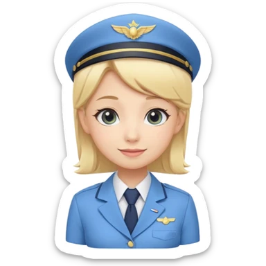 Cute emoji-style Japanese flight attendant, blonde hair, pastel blue airline uniform, kawaii cartoon style, big eyes, simple clean lineart, pastel colors, chibi proportions, friendly smile, sticker/emoji, transparent background sticker