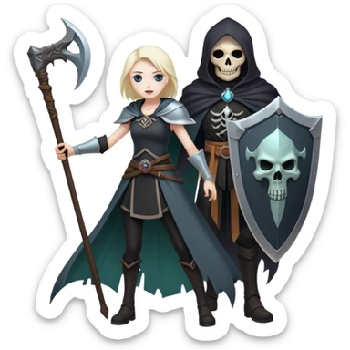 Necromancer girl with scythe and shield, in front of a dead mage sticker