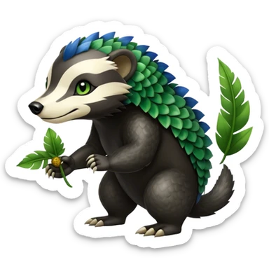 Cute cool fantasy animal hybrid Honey-Badger-Digimon-Fakemon full body, green scales, green leaves, brown eyes, blue feathers sticker