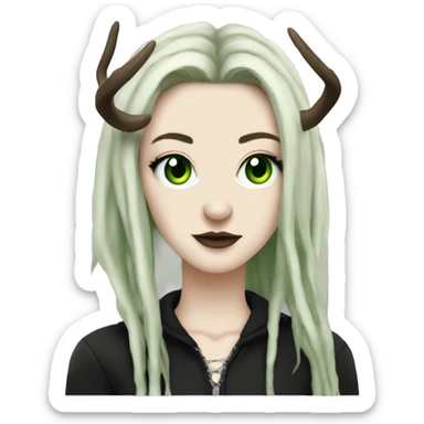 Portrait of a woman with pale skin, green eyes, black dreadlocks, eyeliner, deer antlers, punk, grunge sticker