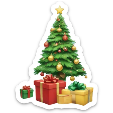 Presents around the Christmas tree but the Christmas tree is snowy  sticker