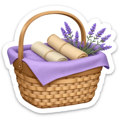 Basket of beige linens and lavender sticker