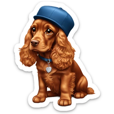 A full-length, adult, red cocker spaniel in a New Year's cap, siting sticker