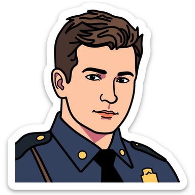 Realistic portrait of Nathan Fillion as John Nolan from The Rookie, detailed police officer with short hair and uniform sticker