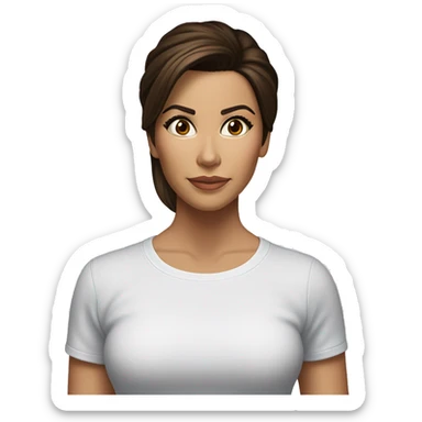 3/4 face, contrasted, shadow, light, Eva Longoria expression, standing from a distance, thin nose, brunette woman, hazel eyes, long eyelashes, dark shoulder shaded hair, white t-shirt, jeans, white sneakers sticker