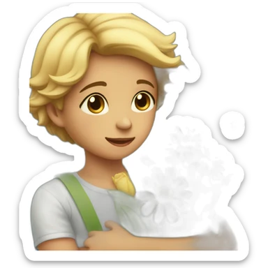 beautiful and kind child who buys flowers for his mother Tears gather in the mother's eyes and she hugs her sticker