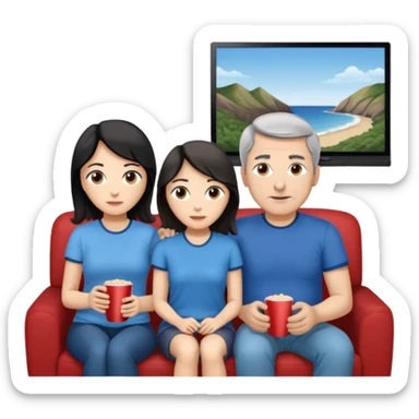 middle-aged couple Watches a movie in the living room • Physical description: • man: brown eyes; very short grayish-black hair • woman: Long wavy silver grayish-brown hair tied in a ponytail; blue eyes sticker