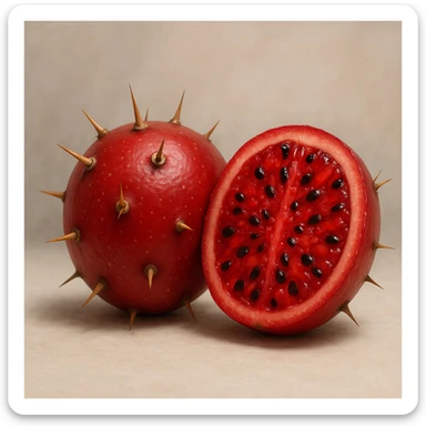 single smooth red round Stenocereus fruit with short cactus spikes, cut open to show juicy interior, realistic style sticker