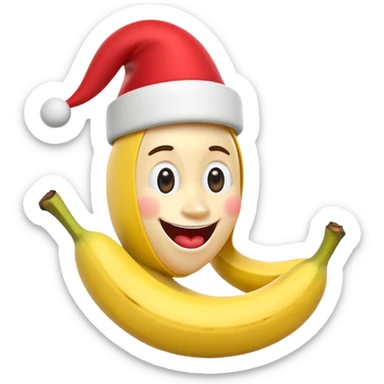 A 3D cartoon banana with a red nose and tiny hat, smiling face, playful pose, Memoji-style. sticker