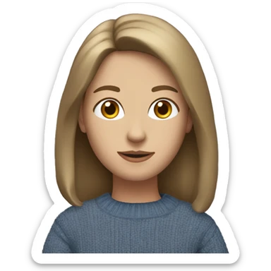 “Emoji-style portrait: 154 cm tall, proportional figure, dark blonde shoulder-length hair, oval face, deep brown eyes, small nose, medium-full lips, wearing a blue sweater and jeans.” sticker