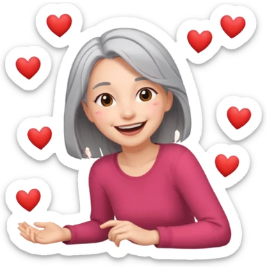 Shoulder length gray hair girl rolling on floor laughing with hearts  sticker