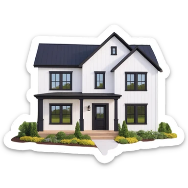 modern farmhouse with white siding and black trim sticker