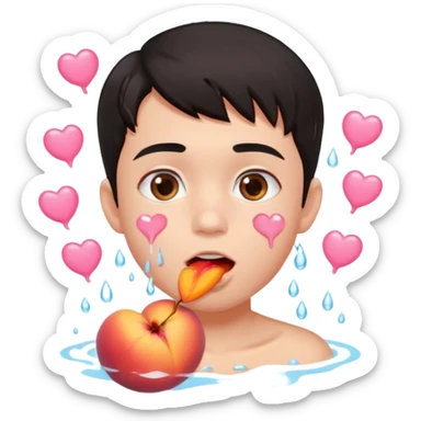 Cute boy, light pink eyes, grown out dark hair, eating a peach, pink hearts floating , water dripping from mouth sticker