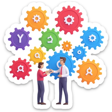 3D emoji style illustration of a business process being reshaped with personalization, featuring a flowchart or gears with individual icons or avatars, and a person customizing or adjusting the process sticker