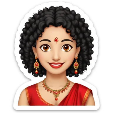 "- Phụ nữ
- 35 tuổi
- Da vàng
- Tóc đen xoăn nhẹ
- Có chấm đỏ Bindi, đeo khuyên tai
- Mặt cười
" sticker