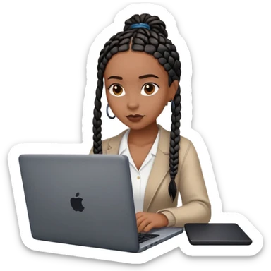 A dark brown woman with black box braids sitting behind a laptop, typing or looking at the screen. sticker