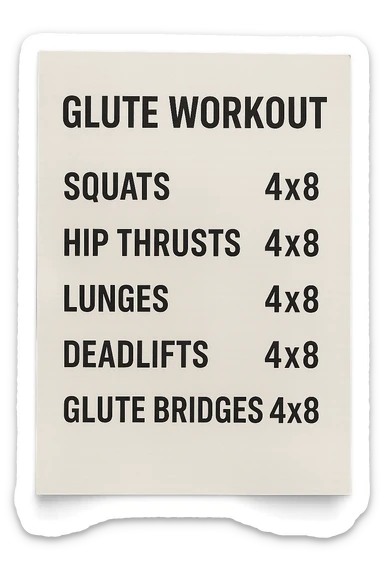 scheda di allenamento glutei con le reps scritte (tipo 4x8 ecc), iperrealistico 4k sticker