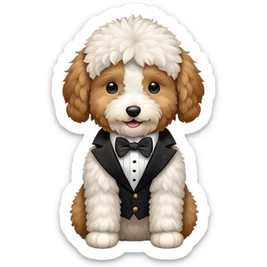 A mini golden doodle wearing a tuxedo sticker