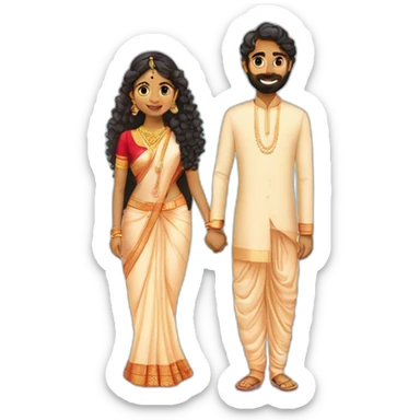 south indian girl with curly hair marrying south indian guy with straight hair and beard wearing dhoti sticker