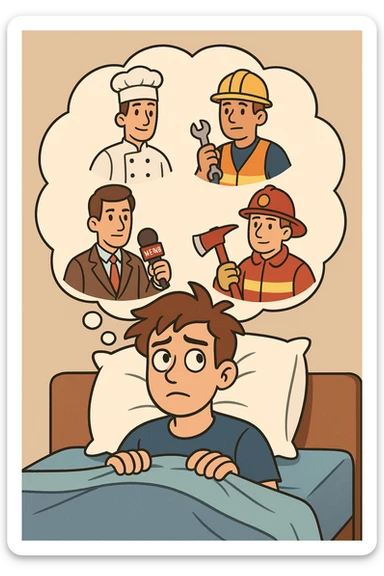 a young man lying in bed, dreaming of different jobs, cartoon style, colorful, flat toon style sticker