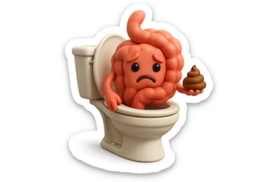 emoji stile iphone di un intestino realistico 3d che esce dal wc con in mano una montagnetta di feci con espressione triste a palline, iperrealistico 4k sticker